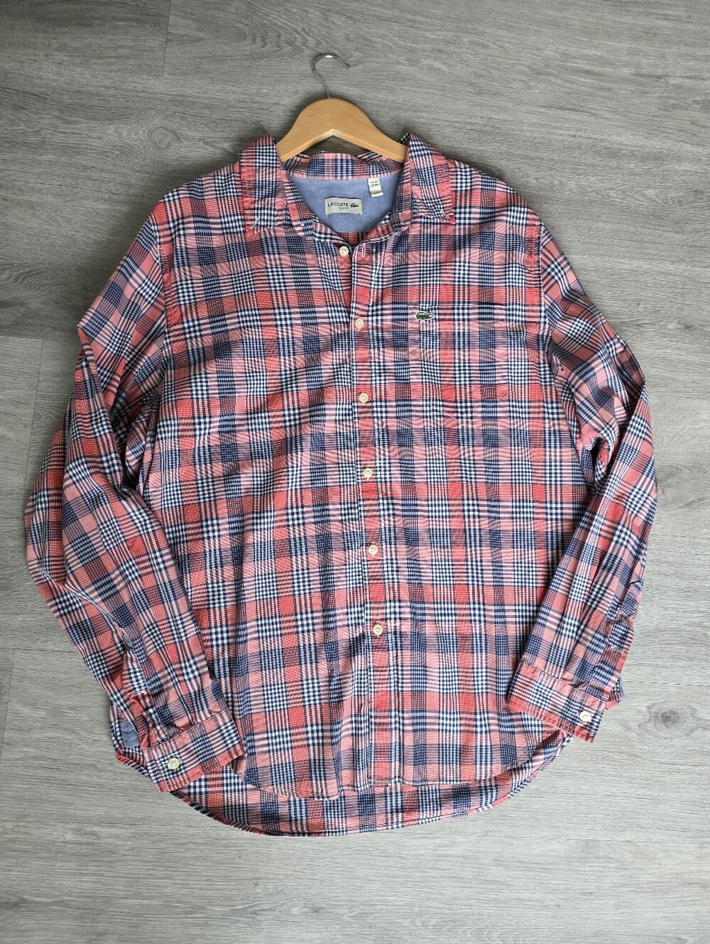 Lacoste Button Plaid Down Shirt 100% Cotton XXL Slim Fit